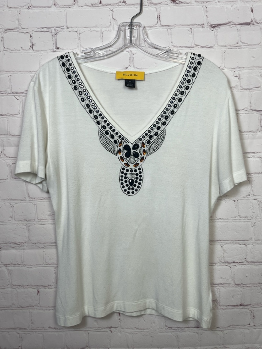 St. John White Short Sleeve Tee with Embellished Jewel Neckline